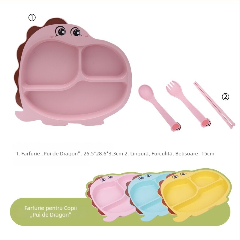 Set de veselă antibacterian pentru copii, 4 piese, farfurie cu compartimente