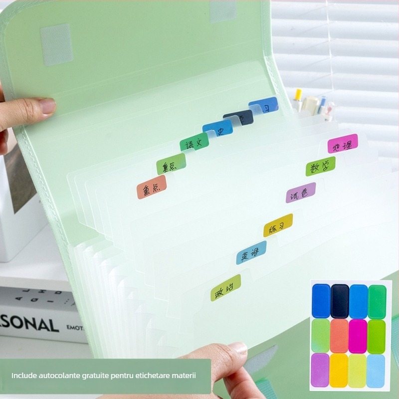 Mapă A4 acordeon cu 13 buzunare, din plastic, capacitate mare, organizare pe mai multe niveluri pentru documente