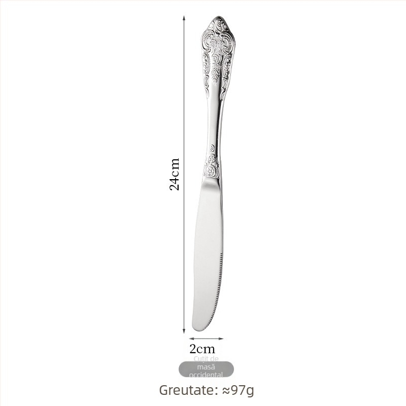 Set tacâmuri din oțel inoxidabil 304: cuțit pentru steak, furculiță, lingură de masă, lingură de desert; stil occidental, design retro elegant, pentru casă sau hotel