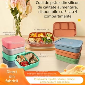 Cutie de prânz din silicon alimentar, cu trei compartimente, compatibilă cu cuptorul cu microunde, portabilă, pentru studenți și angajați