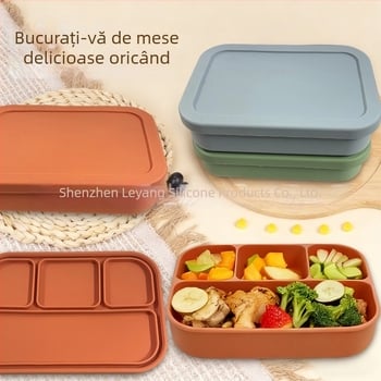 Cutie de prânz din silicon alimentar, cu trei compartimente, compatibilă cu cuptorul cu microunde, portabilă, pentru studenți și angajați
