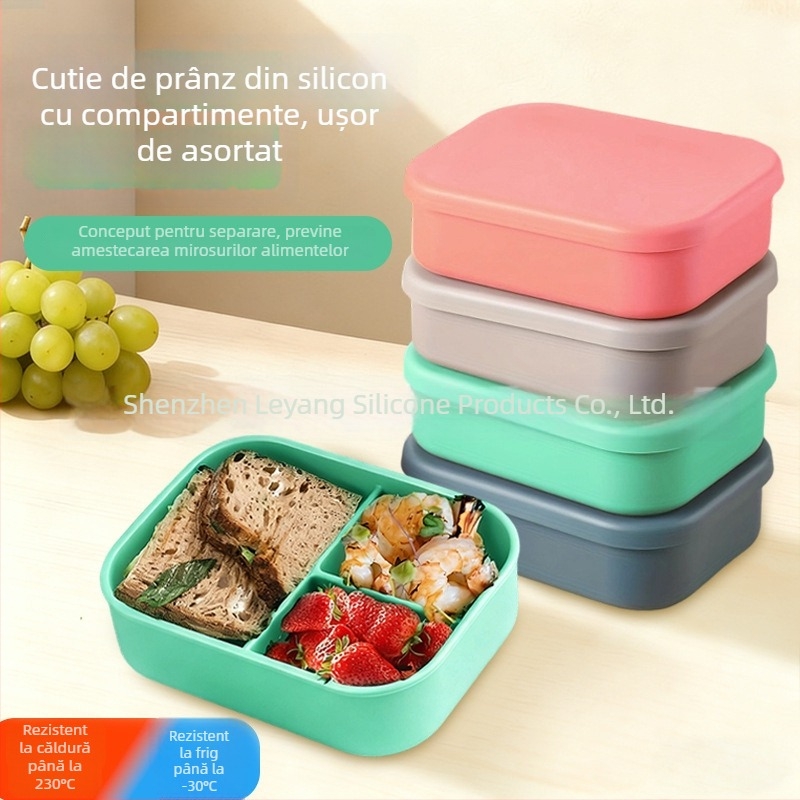 Cutie de prânz din silicon alimentar, cu trei compartimente, compatibilă cu cuptorul cu microunde, portabilă, pentru studenți și angajați