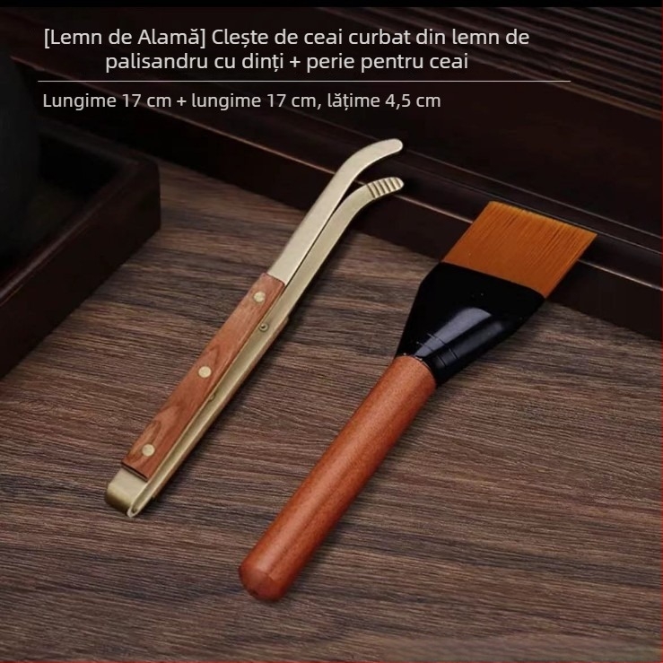 Set cu trei cleme pentru ceai pentru ceremonia Kung Fu, accesorii: cleme pentru ceai, cești antiderapante, cleme din cupru și lemn, perie pentru ceai, racletă pentru apă de ceai