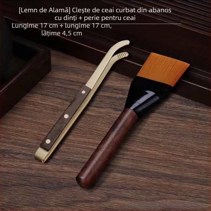 Set cu trei cleme pentru ceai pentru ceremonia Kung Fu, accesorii: cleme pentru ceai, cești antiderapante, cleme din cupru și lemn, perie pentru ceai, racletă pentru apă de ceai