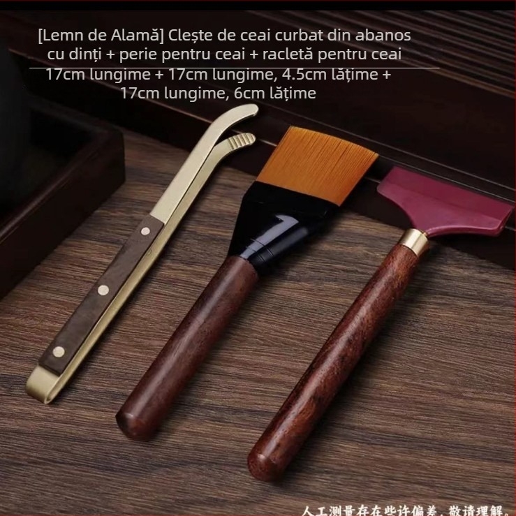 Set cu trei cleme pentru ceai pentru ceremonia Kung Fu, accesorii: cleme pentru ceai, cești antiderapante, cleme din cupru și lemn, perie pentru ceai, racletă pentru apă de ceai