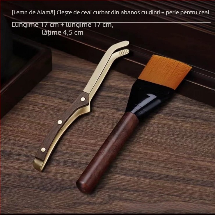 Set cu trei cleme pentru ceai pentru ceremonia Kung Fu, accesorii: cleme pentru ceai, cești antiderapante, cleme din cupru și lemn, perie pentru ceai, racletă pentru apă de ceai