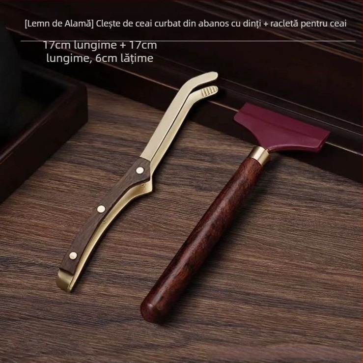 Set cu trei cleme pentru ceai pentru ceremonia Kung Fu, accesorii: cleme pentru ceai, cești antiderapante, cleme din cupru și lemn, perie pentru ceai, racletă pentru apă de ceai