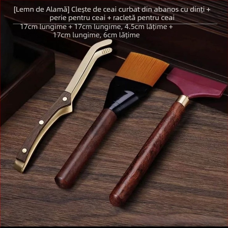 Set cu trei cleme pentru ceai pentru ceremonia Kung Fu, accesorii: cleme pentru ceai, cești antiderapante, cleme din cupru și lemn, perie pentru ceai, racletă pentru apă de ceai