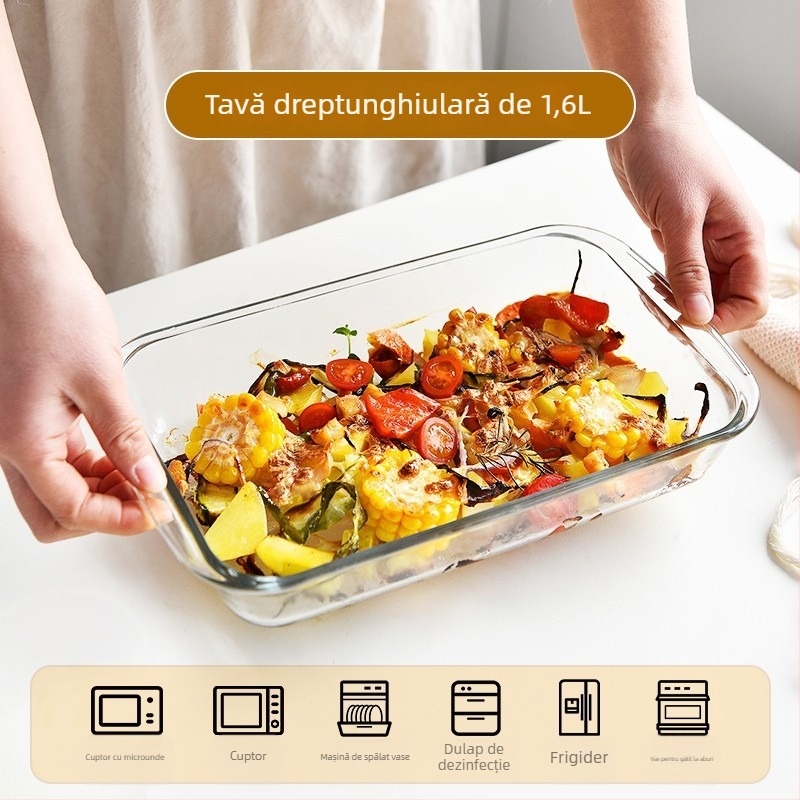 Tavă dreptunghiulară din sticlă, pentru cuptor și microunde, rezistentă la temperaturi înalte, ideală pentru pește