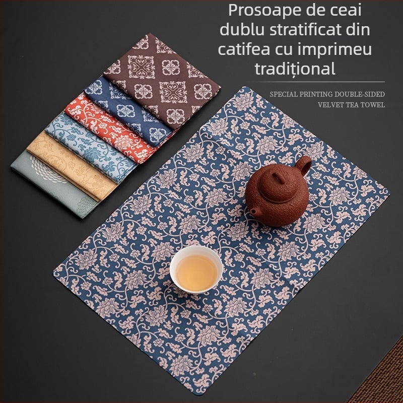 Prosop dublu față pentru ceai din fleece, imprimat în stil chinezesc, pentru masă de ceai acasă – față de masă absorbentă pentru ceremonia Zen