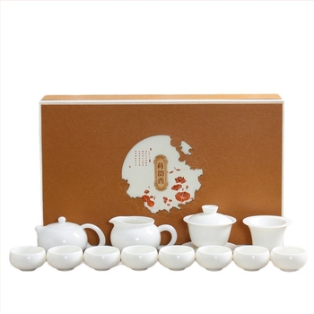 Set Gongfu de ceai din porțelan alb Dehua, ceainic cu mâner lateral în stil japonez, set ceramic pentru ceai, pentru uz casnic, într-o cutie cadou premium