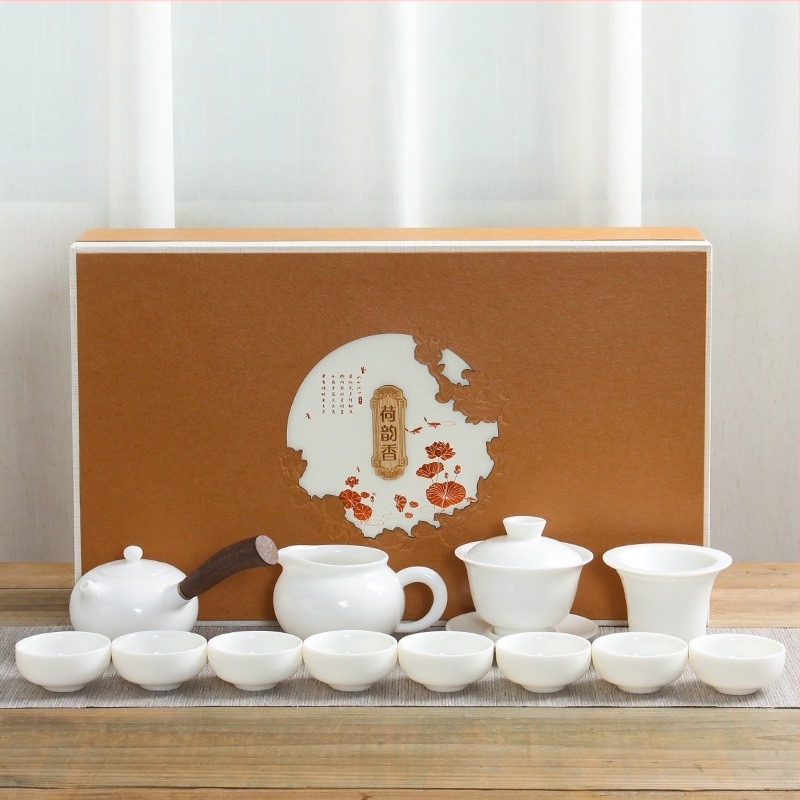 Set Gongfu de ceai din porțelan alb Dehua, ceainic cu mâner lateral în stil japonez, set ceramic pentru ceai, pentru uz casnic, într-o cutie cadou premium