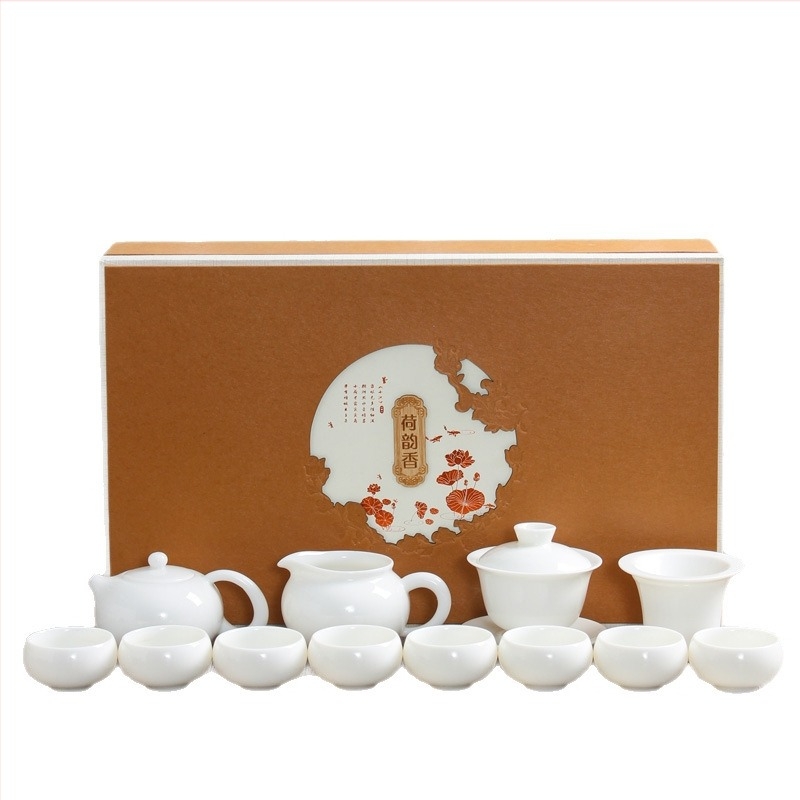 Set Gongfu de ceai din porțelan alb Dehua, ceainic cu mâner lateral în stil japonez, set ceramic pentru ceai, pentru uz casnic, într-o cutie cadou premium