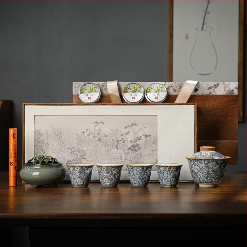 Set ceai Ru Kiln Kung Fu cu gaiwan și ceainică cu mâner, ceramică, cadou corporativ, ceremonie de ceai