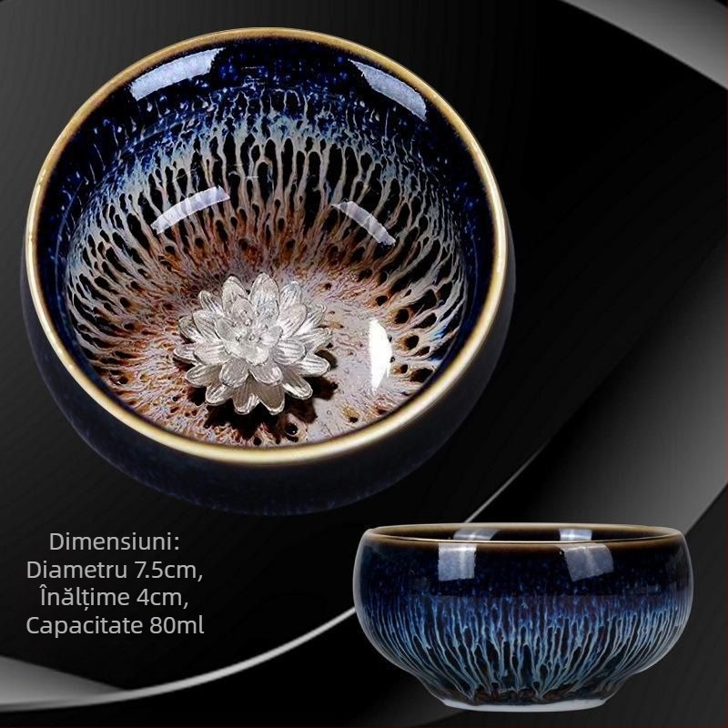 Ceșuță de ceai Jianzhan cu glazură Tianmu cu fire de aur, glazură cu păr de iepure și inserție de argint, ceașcă ceramică, glazurată în cuptor