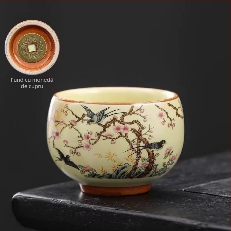 Ceșuță de ceai din ceramică Ru Kiln, stil chinezesc, mare cu mâner, ceașcă de degustare a ceaiului, set de ceai