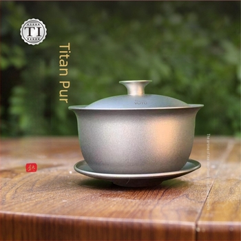 Set gaiwan din titan pur, trei piese, cu ceașcă de ceai cu izolație dublă, 130 ml, în cutie cadou