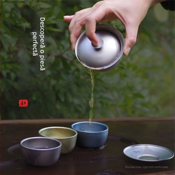 Set gaiwan din titan pur, trei piese, cu ceașcă de ceai cu izolație dublă, 130 ml, în cutie cadou