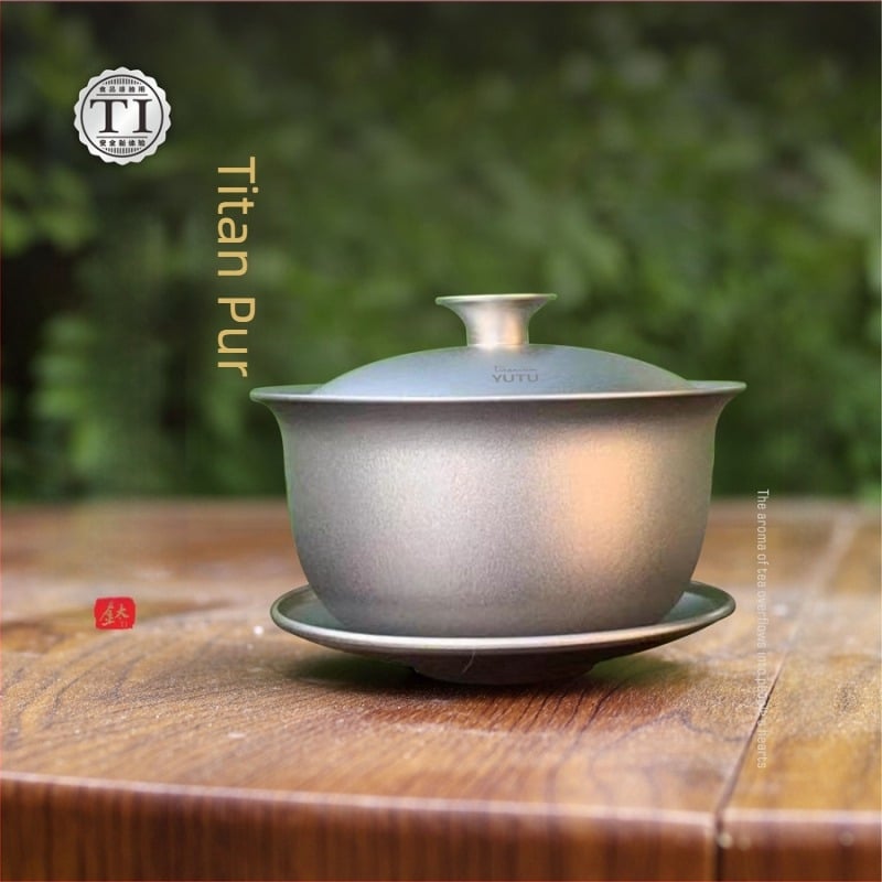 Set gaiwan din titan pur, trei piese, cu ceașcă de ceai cu izolație dublă, 130 ml, în cutie cadou