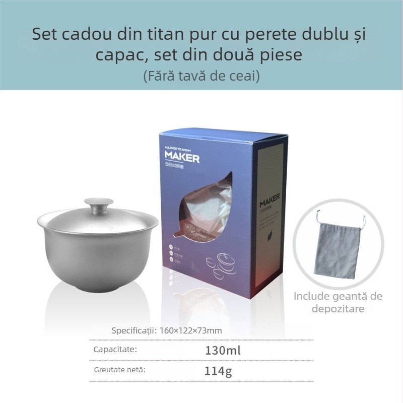 Set gaiwan din titan pur, trei piese, cu ceașcă de ceai cu izolație dublă, 130 ml, în cutie cadou