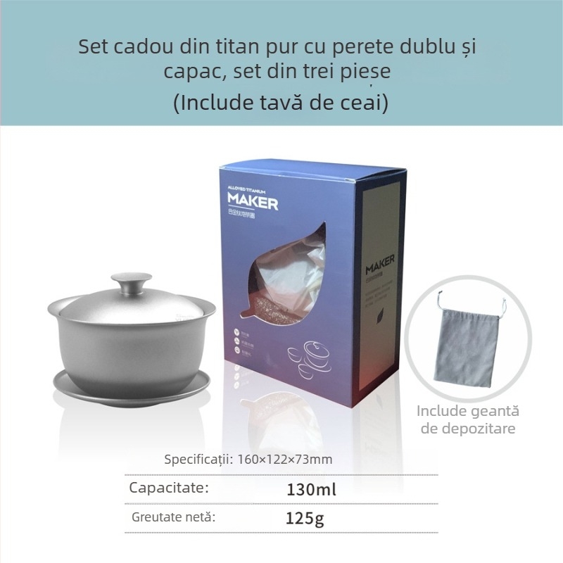 Set gaiwan din titan pur, trei piese, cu ceașcă de ceai cu izolație dublă, 130 ml, în cutie cadou