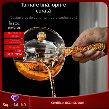 Ceainic cu filtru încorporat și divizor de ceai, mâner lateral, mâner cu folie aurie, rezistent la căldură