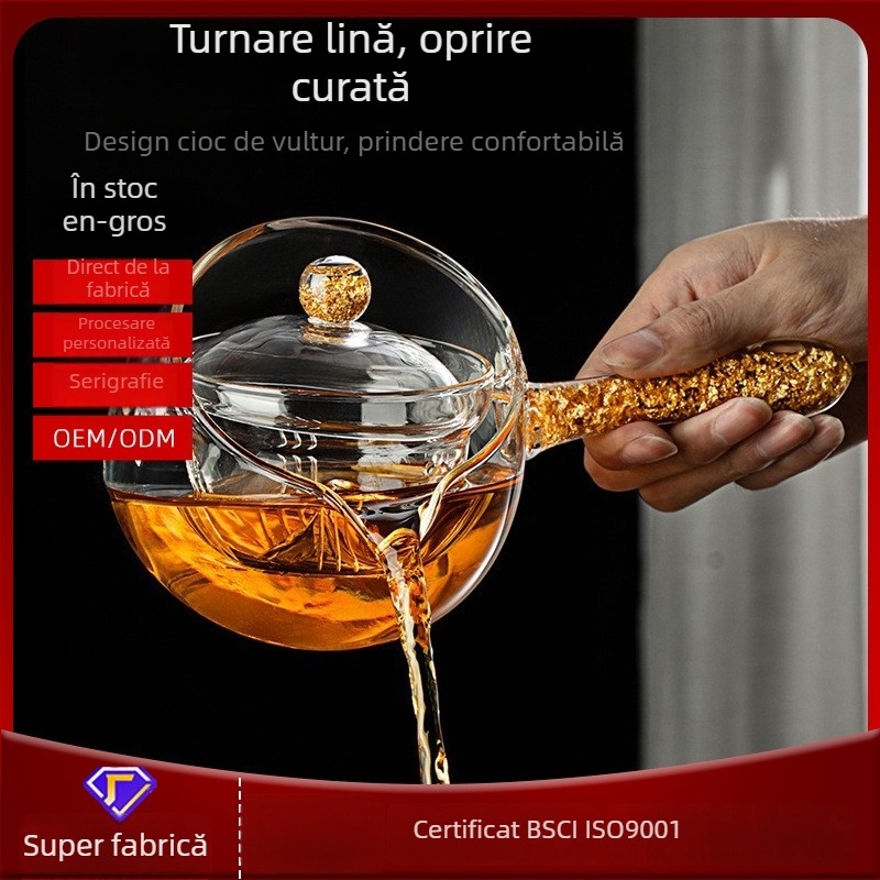 Ceainic cu filtru încorporat și divizor de ceai, mâner lateral, mâner cu folie aurie, rezistent la căldură