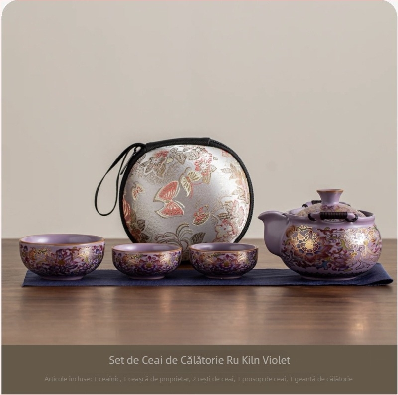 Set de ceainic din porțelan Purple Ru Kiln, placat cu argint și motif bujor, cu mâner, set de ceai pentru călătorii — un ceainic și trei cești