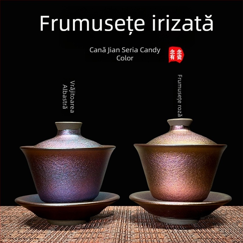 Vas de ceai lucrat manual, bol cu capac, glazură albastră, frumusețe roz, cană de servire și cană pentru oaspeți