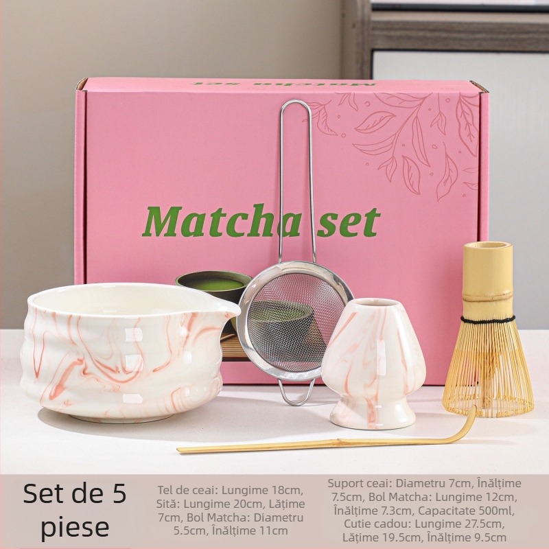 Set bol Matcha cu accesorii pentru ceremonia ceaiului: tel de bambus, suport pentru tel, lingură cu gură, prosoape de ceai