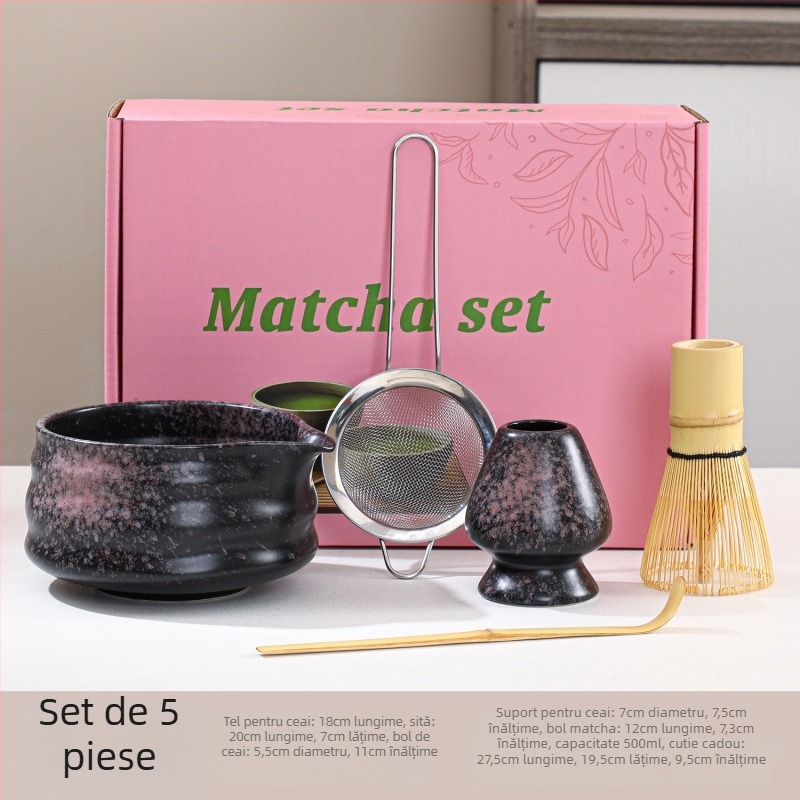 Set bol Matcha cu accesorii pentru ceremonia ceaiului: tel de bambus, suport pentru tel, lingură cu gură, prosoape de ceai