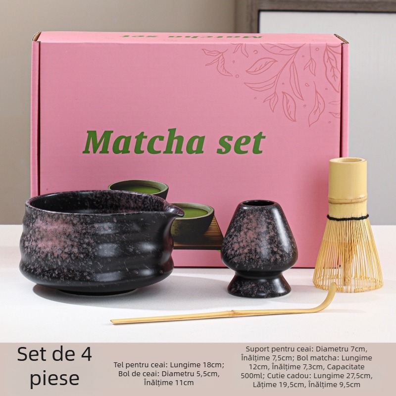 Set bol Matcha cu accesorii pentru ceremonia ceaiului: tel de bambus, suport pentru tel, lingură cu gură, prosoape de ceai
