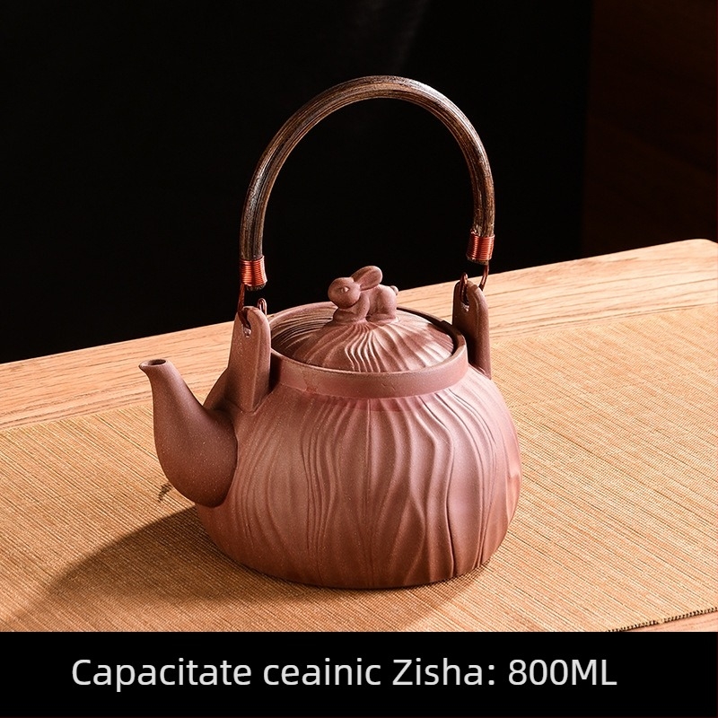 Set tradițional din lut mov pentru ceai: ceainic din lut mov, lucrat manual, oală pentru fierberea apei pe foc, încălzitor de lapte, ceainic și vas