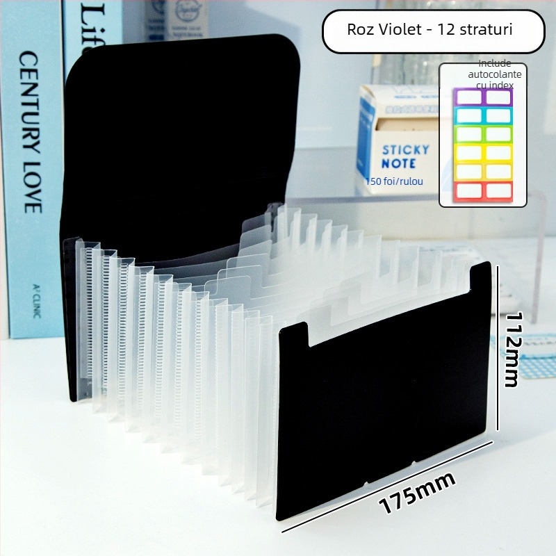 Fișier acordeon A6 cu 12 buzunare, culori pastel, inserturi transparente, capacitate mare