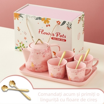Ceainic roz cu flori de cireș – stil Ruyi, set de ceai romantic cu tavă pentru casă
