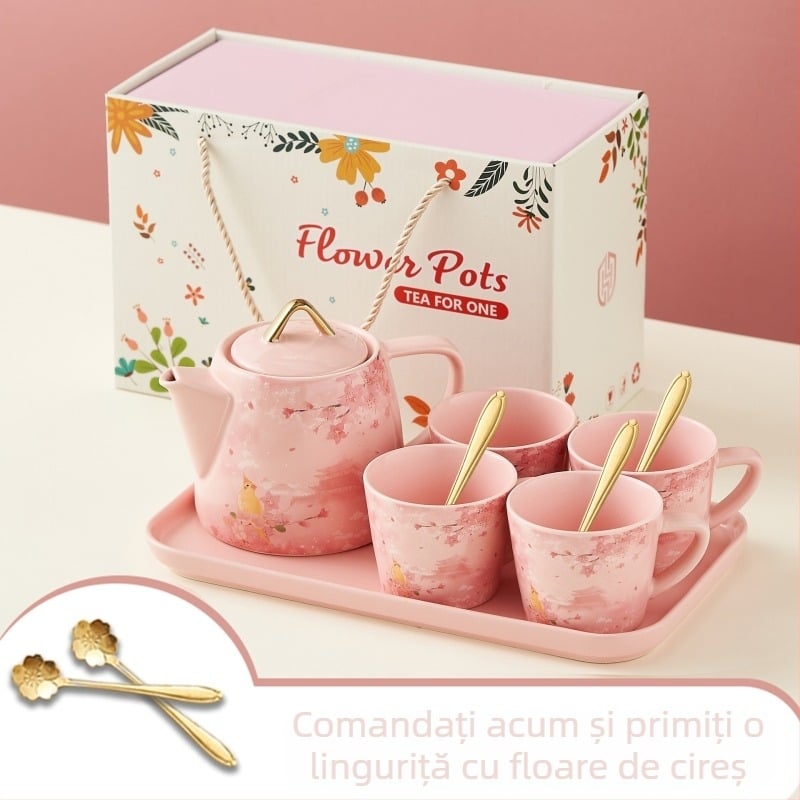 Ceainic roz cu flori de cireș – stil Ruyi, set de ceai romantic cu tavă pentru casă