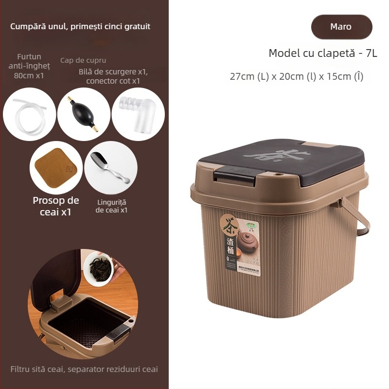 Set plastic accesorii Gongfu ceai: găleată de apă cu capac, container pentru resturi de ceai și tavă de ceai