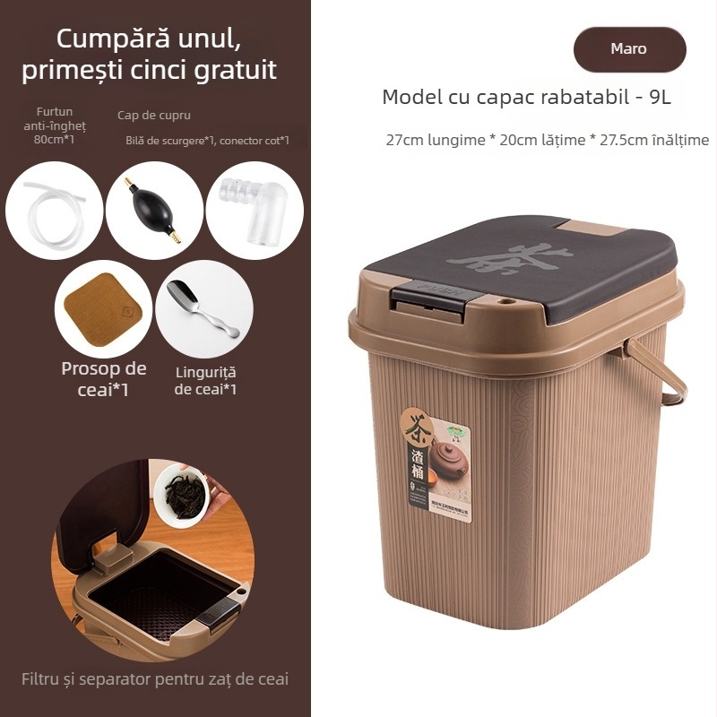 Set plastic accesorii Gongfu ceai: găleată de apă cu capac, container pentru resturi de ceai și tavă de ceai