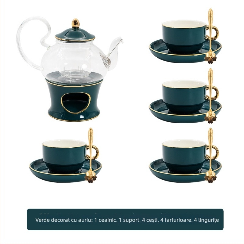 Set de ceai cu flori, stil european, ceainic ceramic și cești din sticlă, pictură manuală, încălzire cu lumânare pentru ceai de fructe la ceaiul de după-amiază