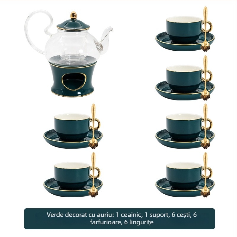 Set de ceai cu flori, stil european, ceainic ceramic și cești din sticlă, pictură manuală, încălzire cu lumânare pentru ceai de fructe la ceaiul de după-amiază