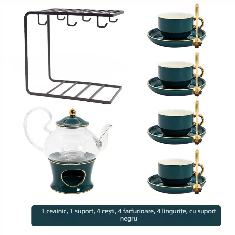 Set de ceai cu flori, stil european, ceainic ceramic și cești din sticlă, pictură manuală, încălzire cu lumânare pentru ceai de fructe la ceaiul de după-amiază