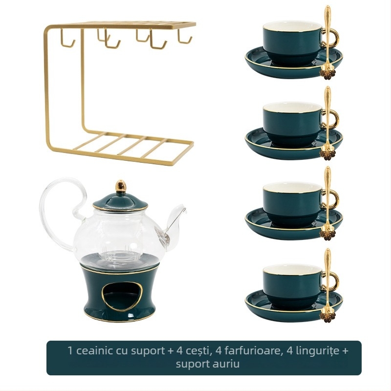 Set de ceai cu flori, stil european, ceainic ceramic și cești din sticlă, pictură manuală, încălzire cu lumânare pentru ceai de fructe la ceaiul de după-amiază