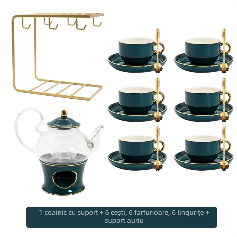 Set de ceai cu flori, stil european, ceainic ceramic și cești din sticlă, pictură manuală, încălzire cu lumânare pentru ceai de fructe la ceaiul de după-amiază