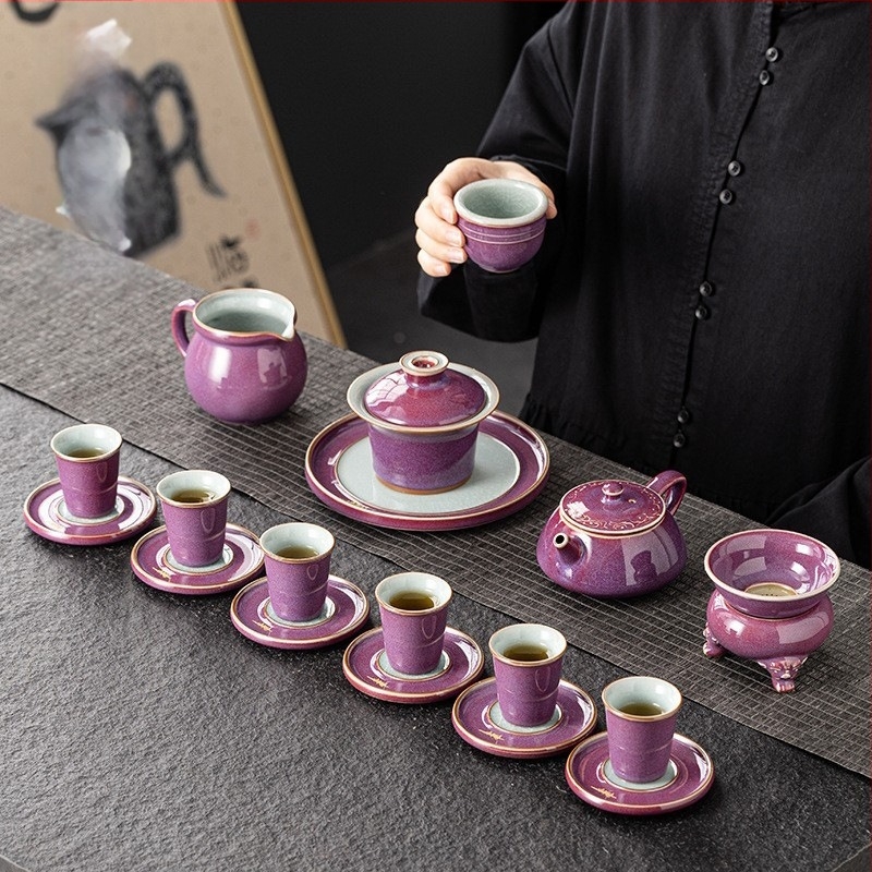 Set de ceai din porțelan Zijun Kiln Kung Fu cu model Ice Flower — ceainic, gaiwan și cești, în stil luxos ușor