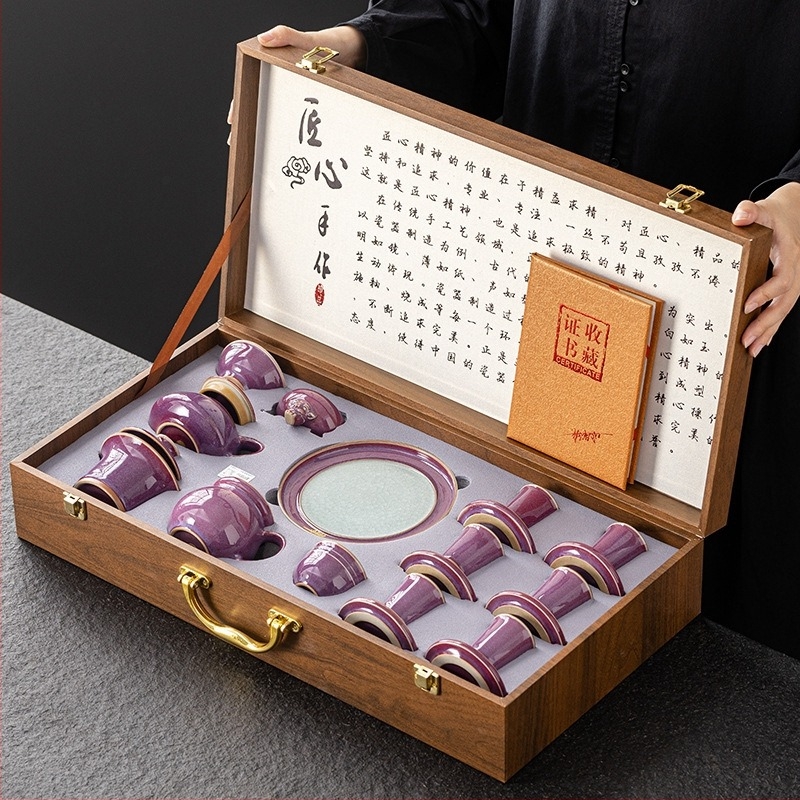 Set de ceai din porțelan Zijun Kiln Kung Fu cu model Ice Flower — ceainic, gaiwan și cești, în stil luxos ușor