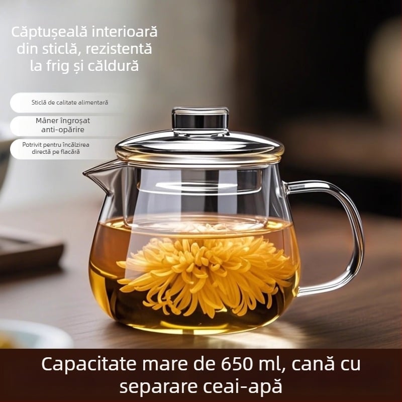 Ceainic din sticlă borosilicată cu separare ceai-apă, 2025 noul model pentru uz casnic, mic ceainic cu model floral, rezistent la temperaturi înalte