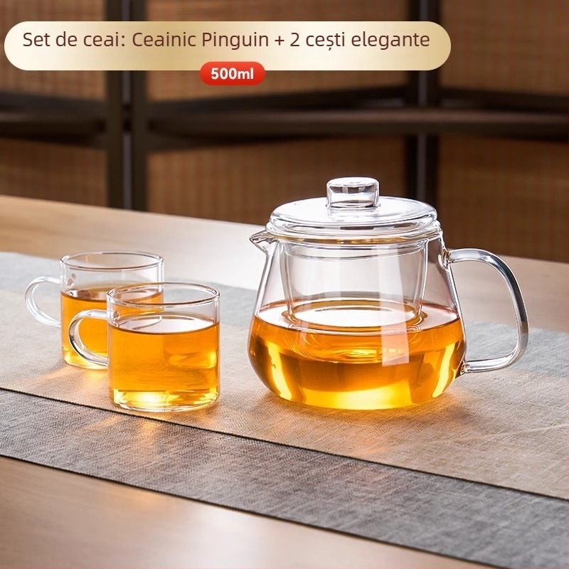 Ceainic din sticlă borosilicată cu separare ceai-apă, 2025 noul model pentru uz casnic, mic ceainic cu model floral, rezistent la temperaturi înalte