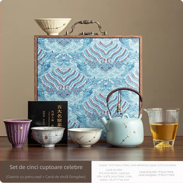 Set de ceai din porțelan cu inserții metalice decorative din cinci cuptoare ceramice celebre – ceainic și set de ceai, cutie cadou, stil retro lux