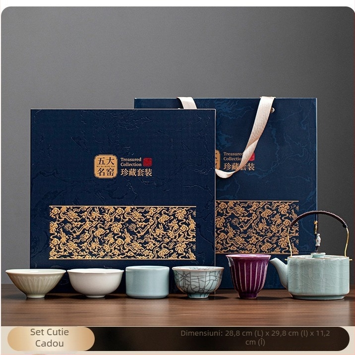 Set de ceai din porțelan cu inserții metalice decorative din cinci cuptoare ceramice celebre – ceainic și set de ceai, cutie cadou, stil retro lux