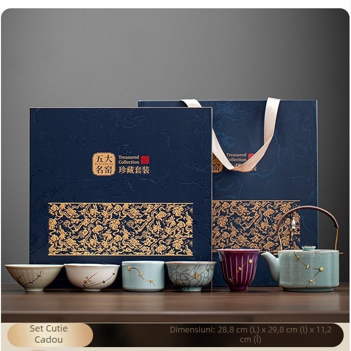 Set de ceai din porțelan cu inserții metalice decorative din cinci cuptoare ceramice celebre – ceainic și set de ceai, cutie cadou, stil retro lux